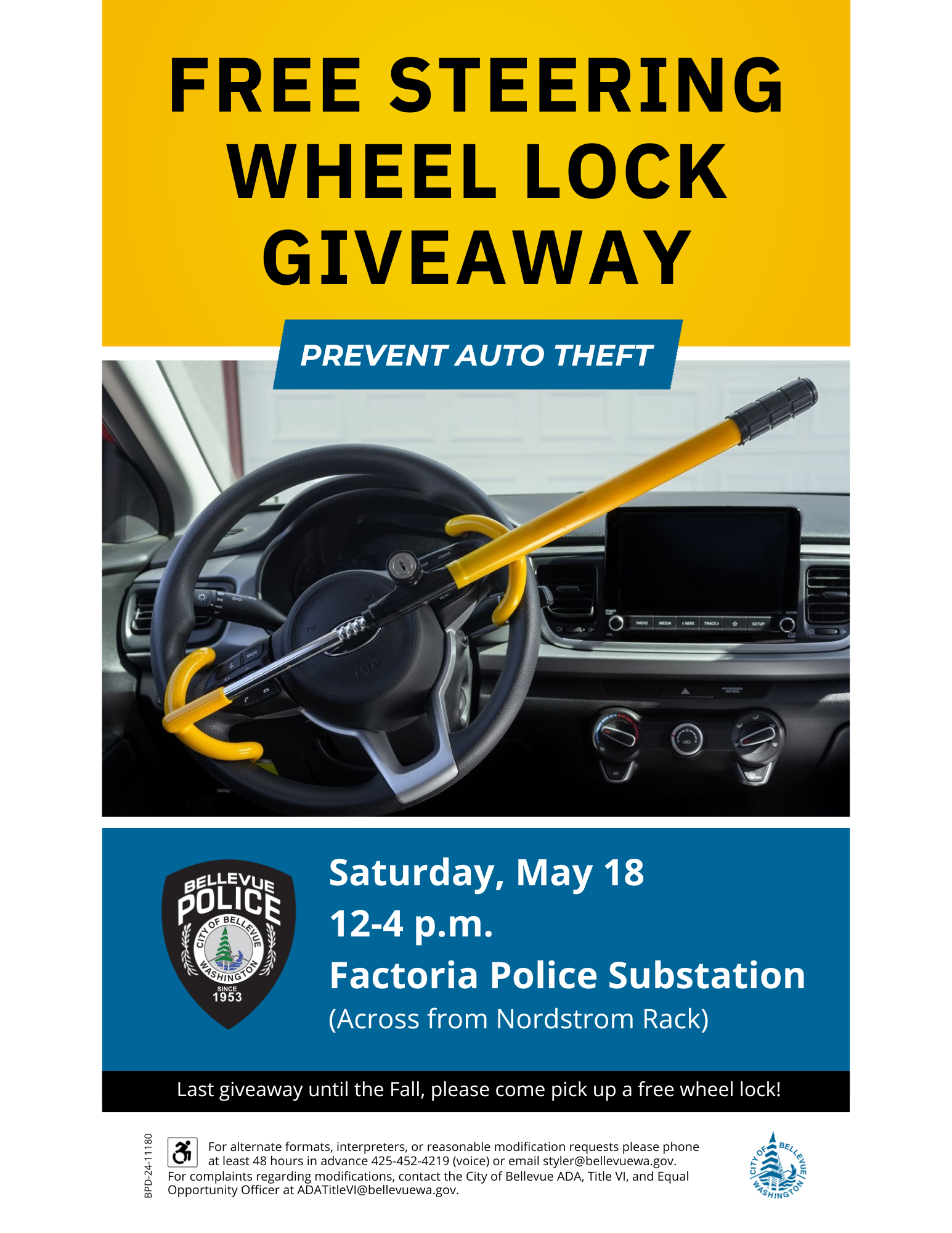 Bellevue PD to Hold a Final Steering Wheel Lock Giveaway for the Spring